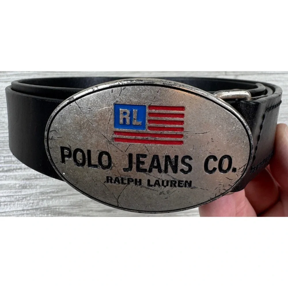 Polo Jeans Co. Ralph Lauren Men's Belt Large Metal Oval Buckle Black 38 Leather